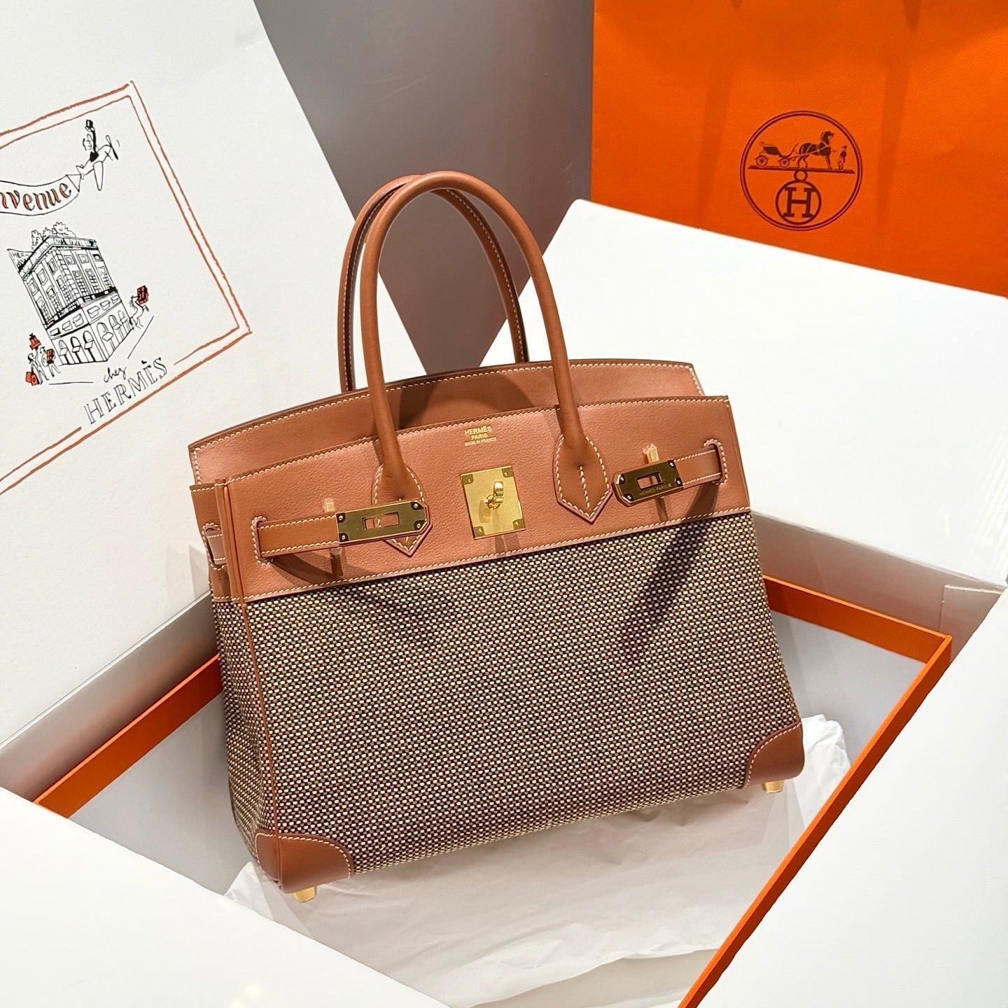 QUADRILLE BIRKIN 30CM IN GOLD SWIFT CALFSKIN AND BLACK/WHITE/BROWN TOILE CANVAS - Image 10