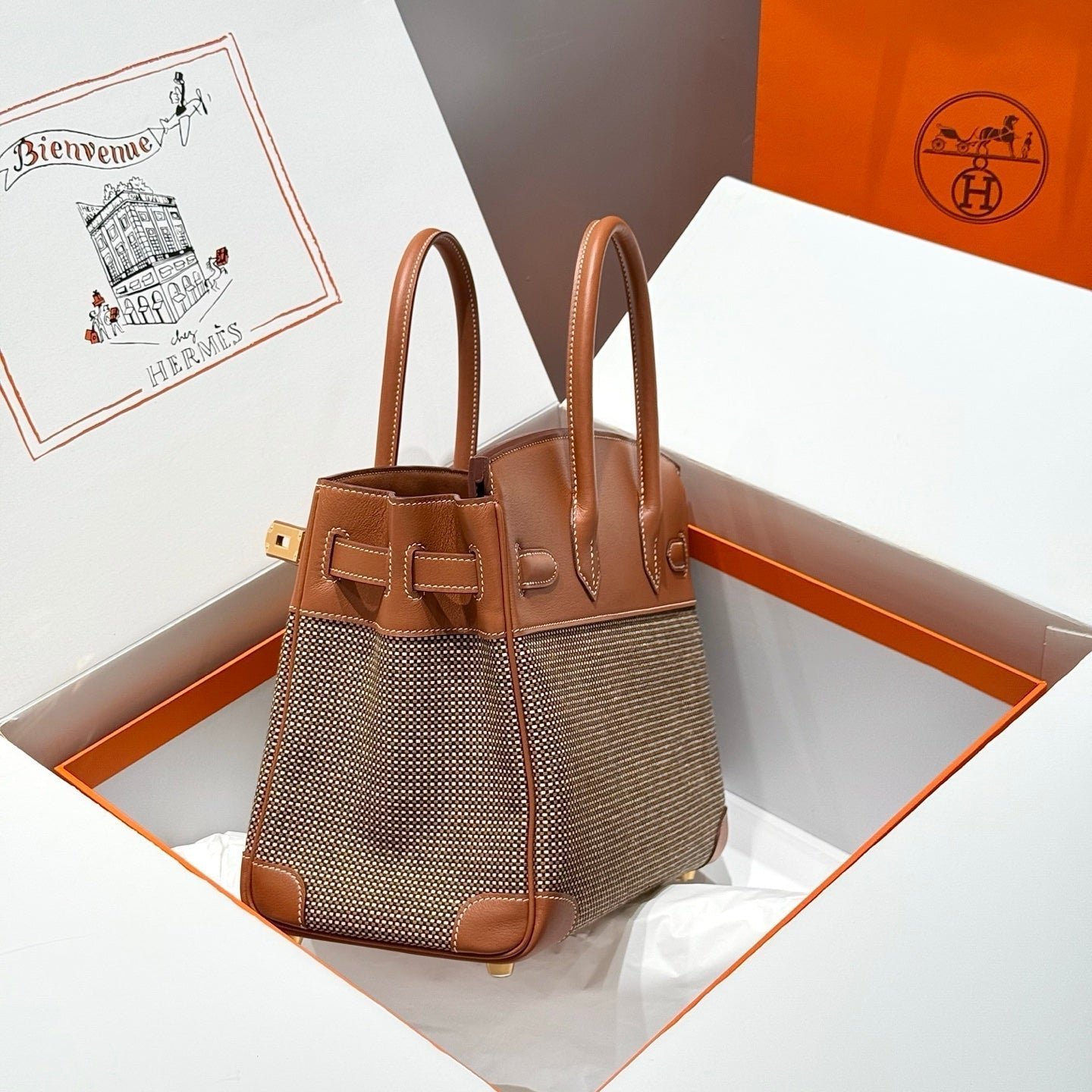 QUADRILLE BIRKIN 30CM IN GOLD SWIFT CALFSKIN AND BLACK/WHITE/BROWN TOILE CANVAS - Image 12