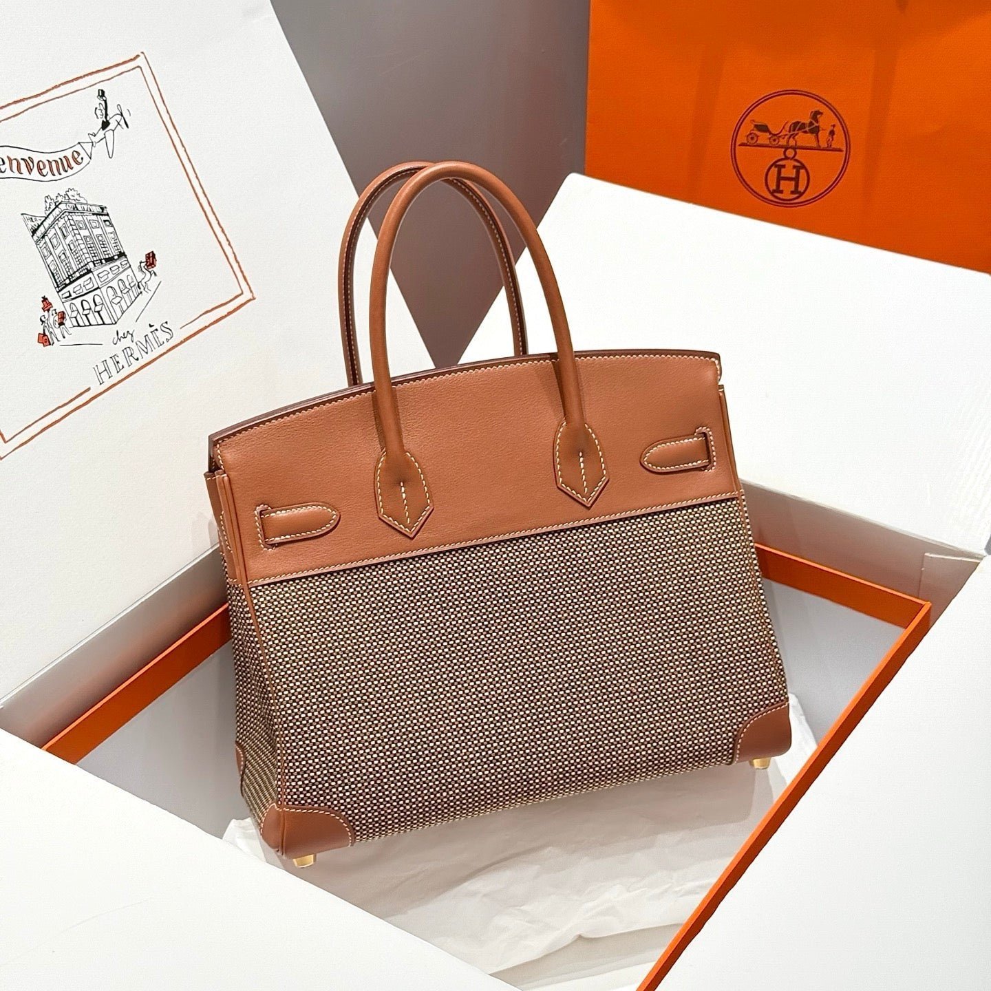 QUADRILLE BIRKIN 30CM IN GOLD SWIFT CALFSKIN AND BLACK/WHITE/BROWN TOILE CANVAS - Image 11