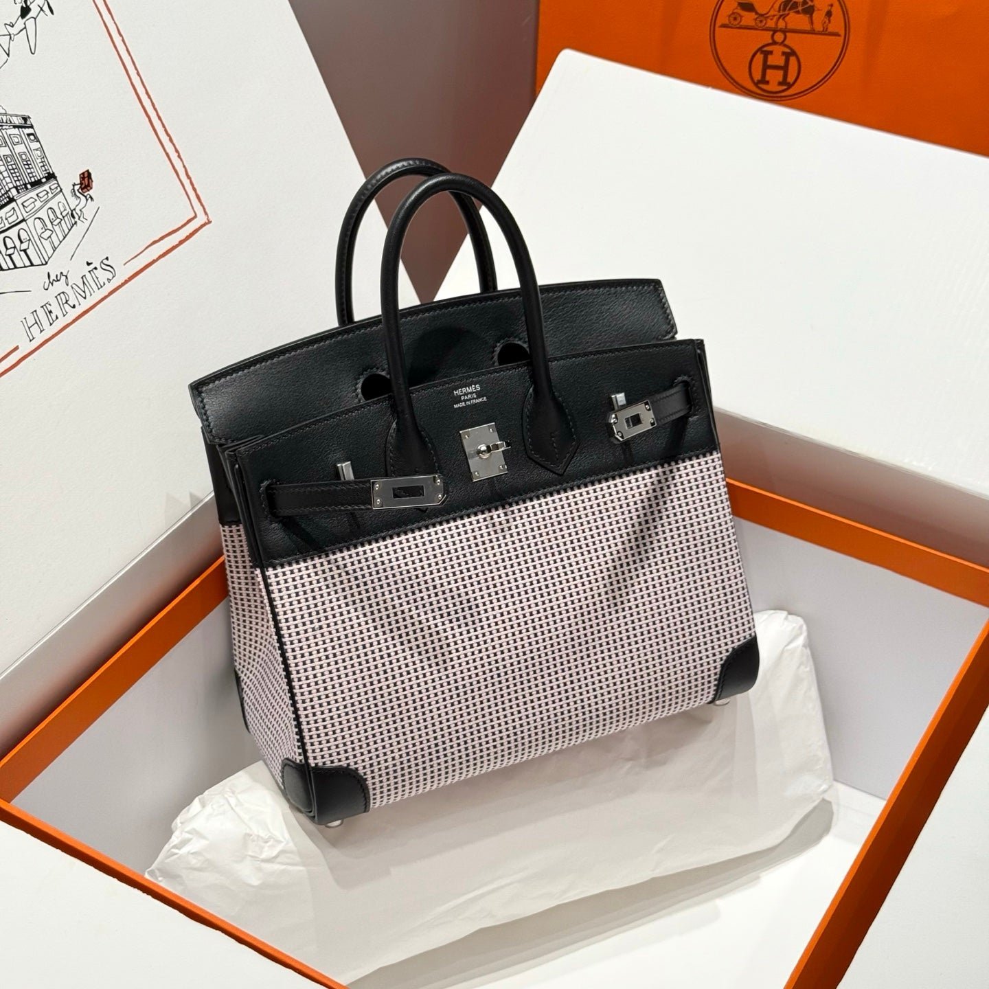 QUADRILLE BIRKIN 25CM IN BLACK SWIFT CALFSKIN WHITE BLUE PINK PLAID TOILE CANVAS - Image 10