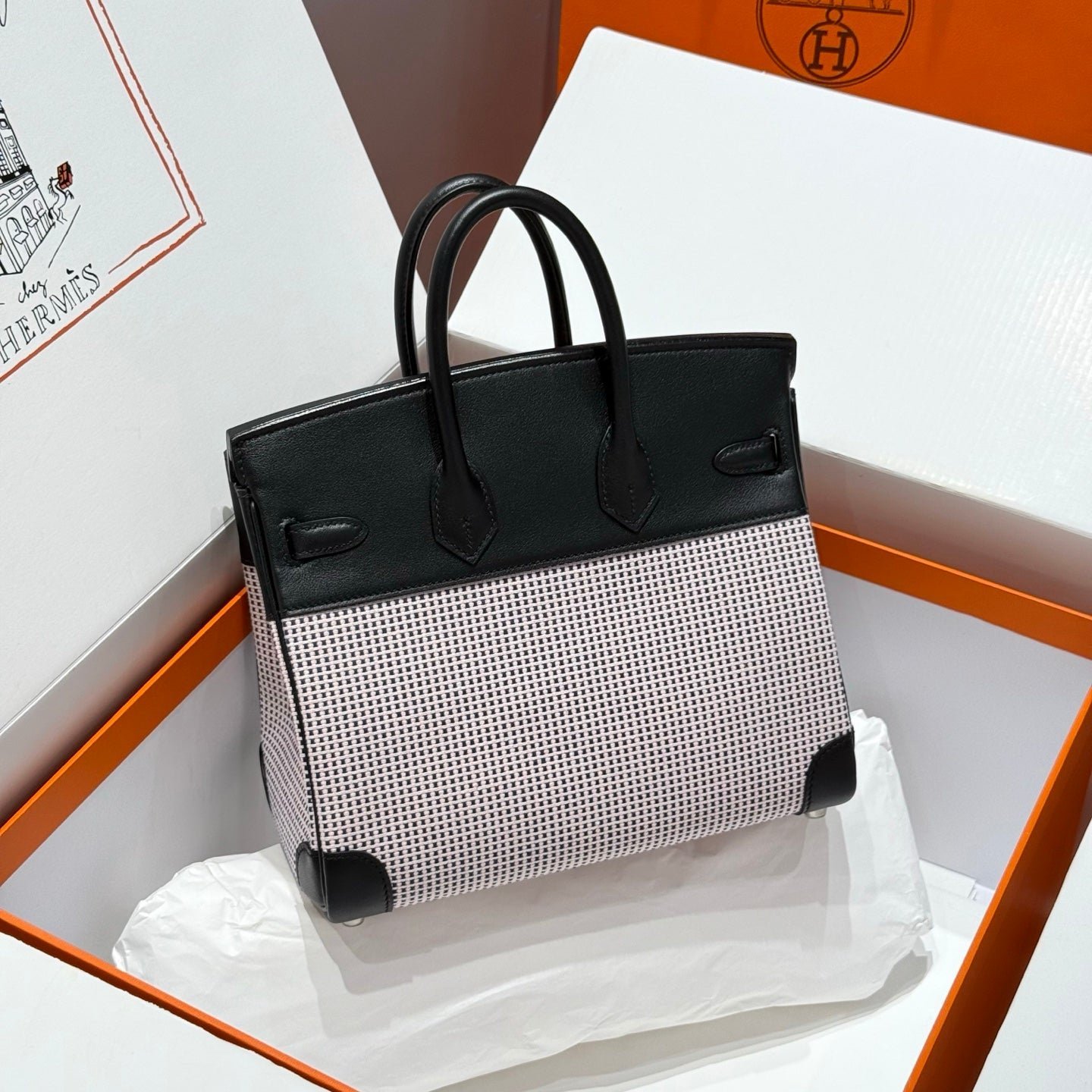 QUADRILLE BIRKIN 25CM IN BLACK SWIFT CALFSKIN WHITE BLUE PINK PLAID TOILE CANVAS - Image 11