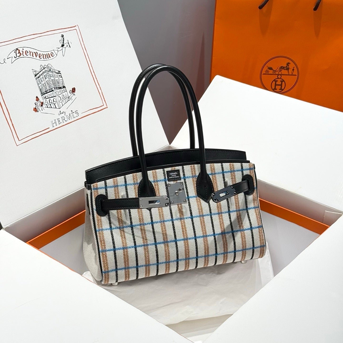 BIRKIN SHOULDER 29 IN BLACK CALFSKIN ÉCRU/NOIR/FAUVE/NOIR/BLEU ZANZIBAR EMBROIDERY PLAID CANVAS - Image 10