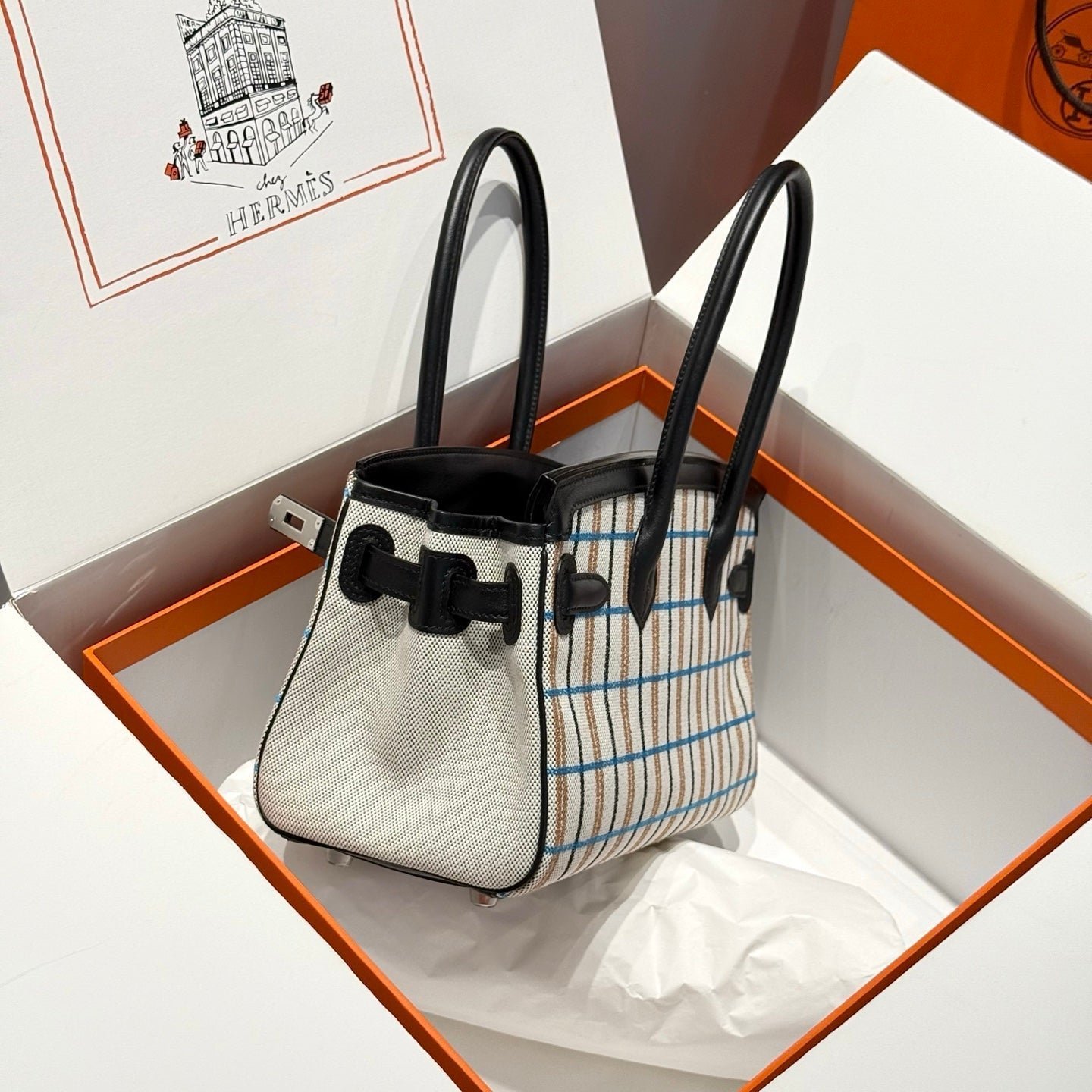BIRKIN SHOULDER 29 IN BLACK CALFSKIN ÉCRU/NOIR/FAUVE/NOIR/BLEU ZANZIBAR EMBROIDERY PLAID CANVAS - Image 3