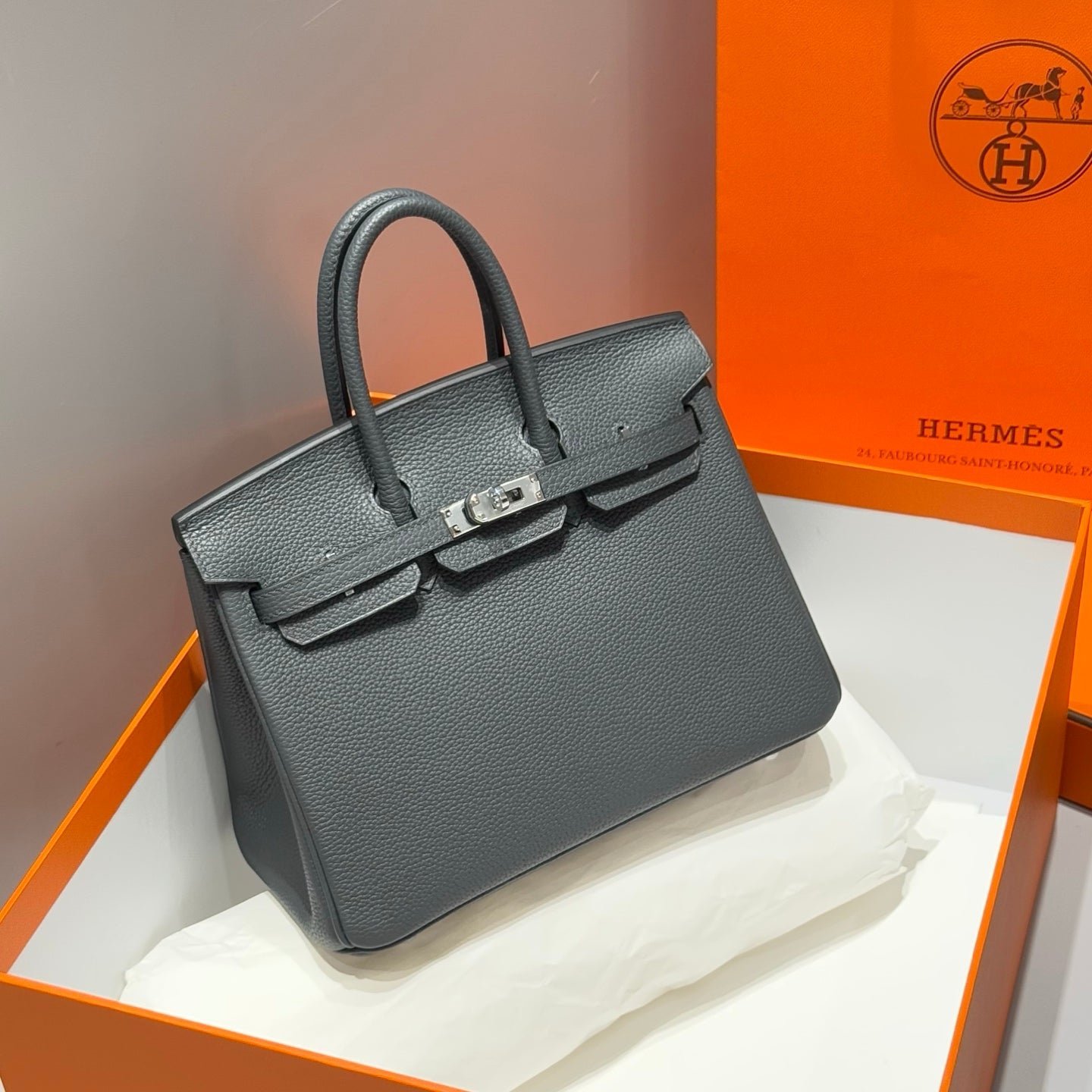 HERMES 25S MEDIUM BIRKIN 25 IN CHARCOAL GRAY CALFSKIN SILVER HARDWARE - Image 10