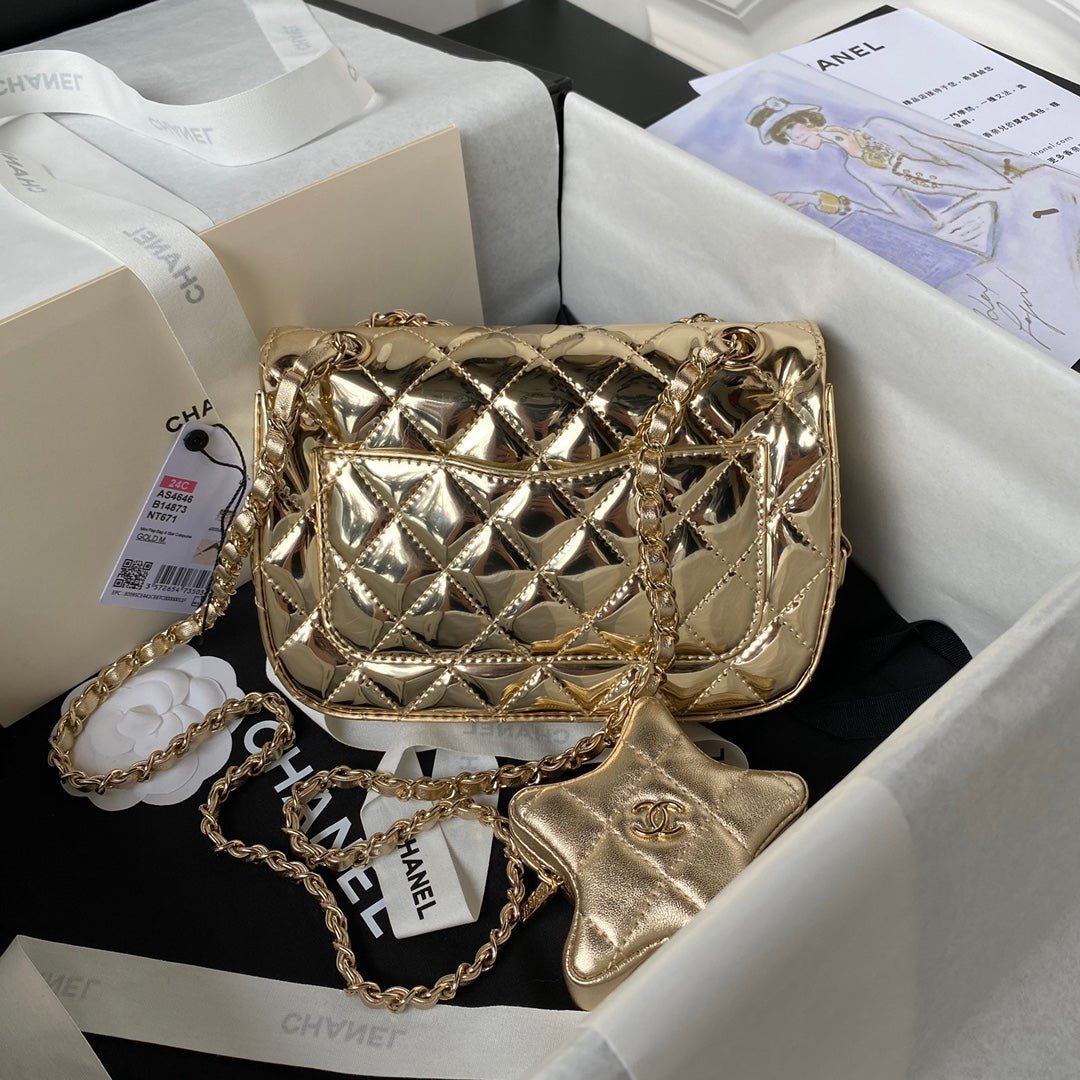CC MINI 19 FLAP BAG IN GOLDEN METALLIC CALFSKIN WITH STRAP - Image 6
