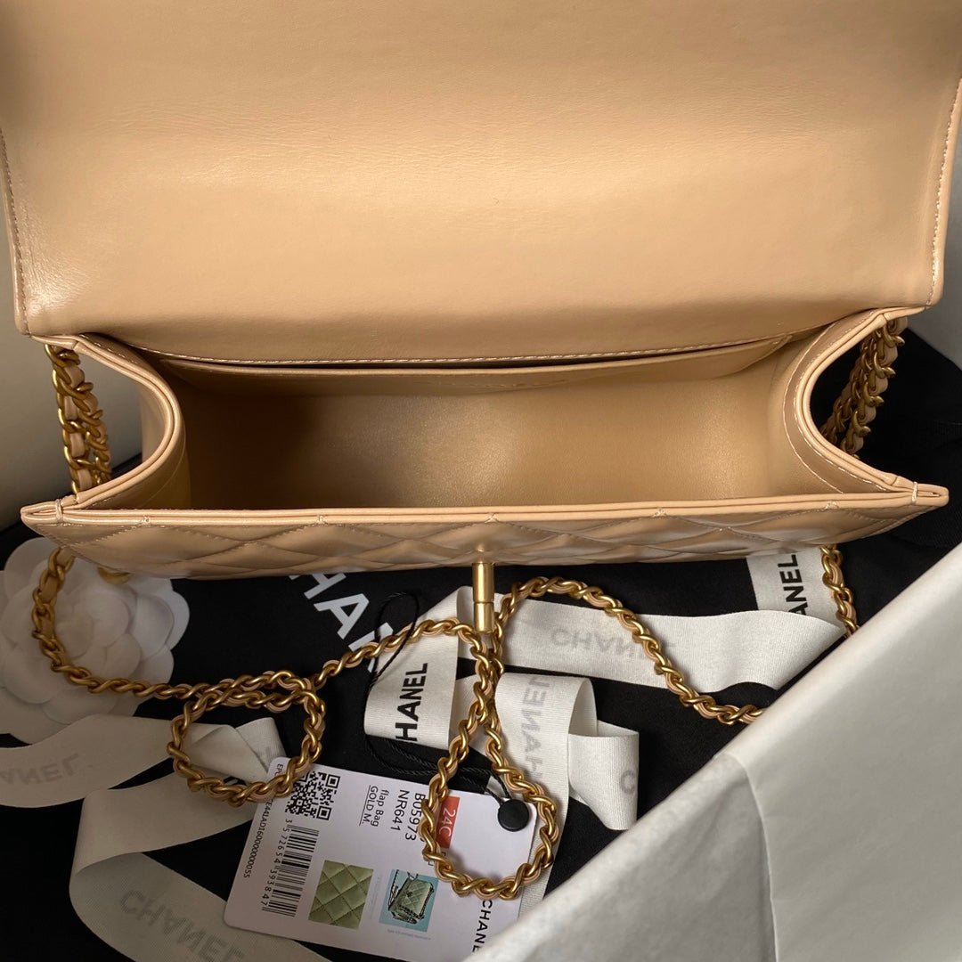CHANEL 25S MINI FLAP BAG 22 IN TAN BROWN CALFSKIN GOLD HARDWARE - Image 14