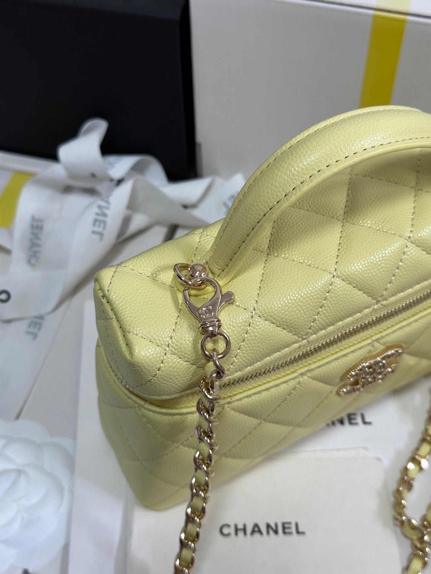 STRASS VANITY QUILTED CASE 19 IN YELLOW CALFSKIN WITH GOLD METALLIC - Image 2