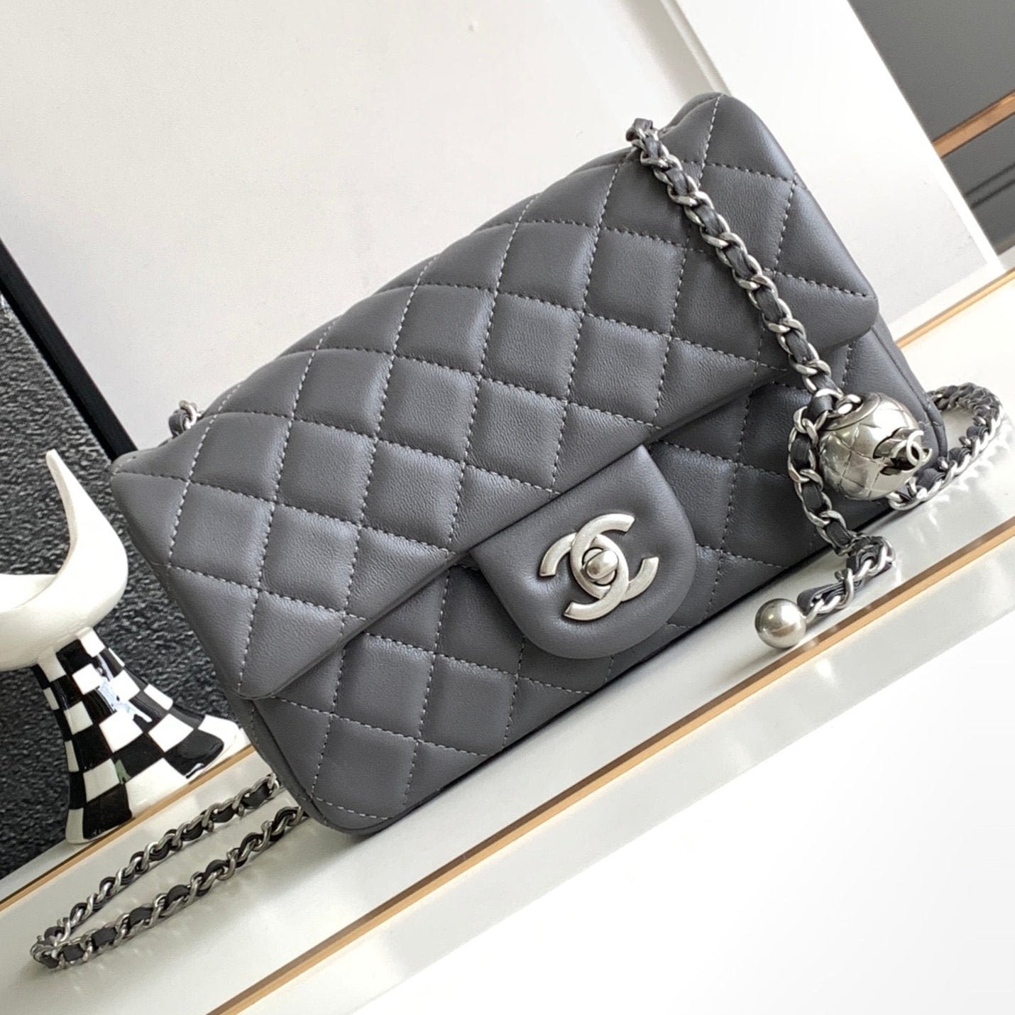 CC MINI 20 FLAP BAG IN DARK GREY CALFSKIN - Image 8