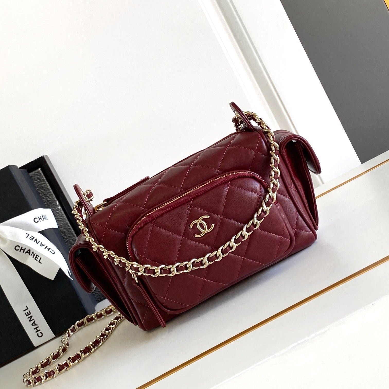 CHANEL 25S CAMERA BAG 23 IN DARK RED LAMBSKIN WITH GOLD HARDWARE - Image 10