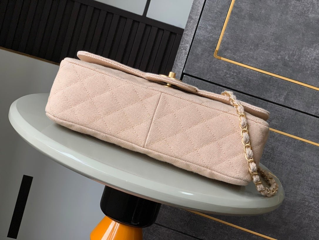 CHANEL 25S CLASSIC FLAP 26 CM IN LIGHT BEIGE CANVAS EMBROIDERED MOTIF WITH GOLD HARDWARE - Image 14