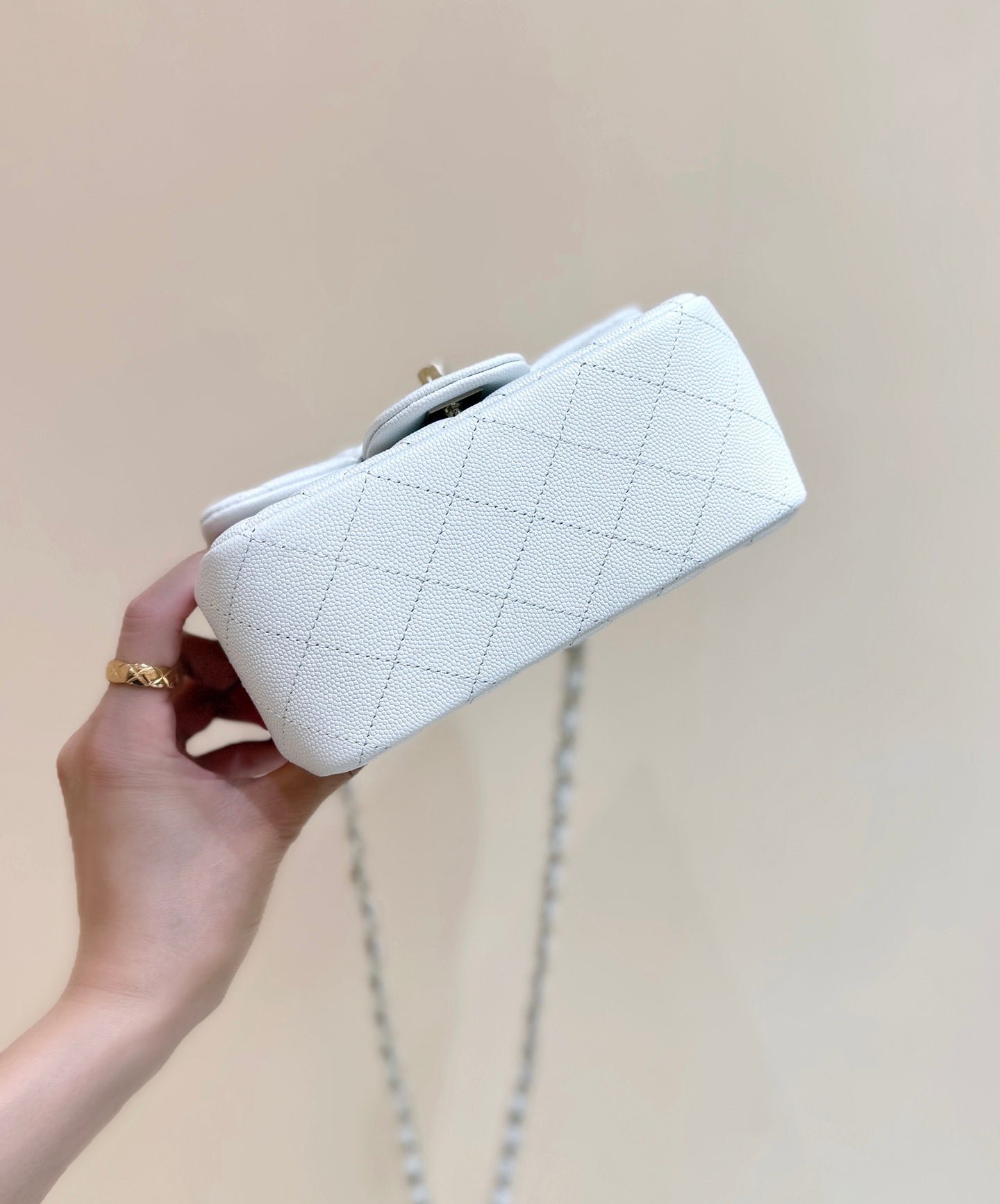 CHANEL 25S MINI SQUARE FLAP BAG 17 IN WHITE CALFSKIN CAVIAR GOLD HARDWARE - Image 7