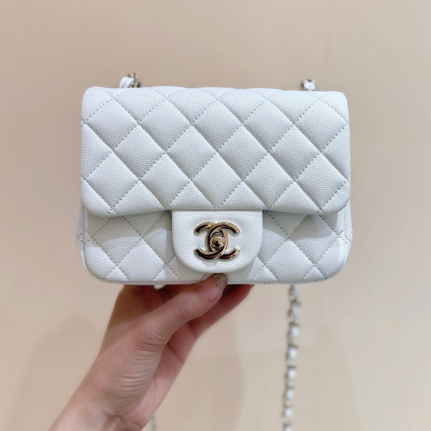 CHANEL 25S MINI SQUARE FLAP BAG 17 IN WHITE CALFSKIN CAVIAR GOLD HARDWARE - Image 10