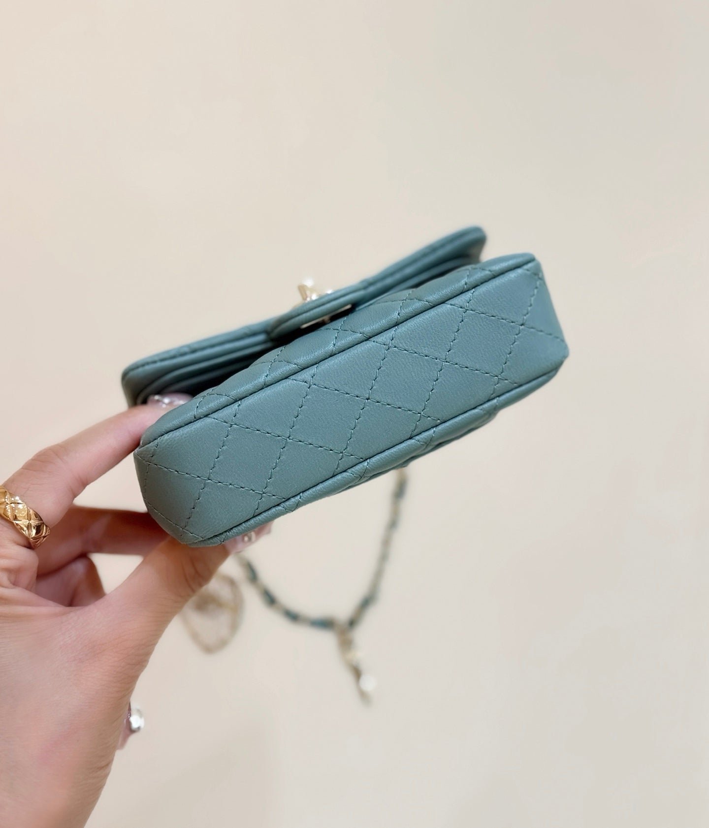 CHANEL 25S FLAP CHARM BAG 13 IN TEAL BLUE LAMBSKIN - Image 5