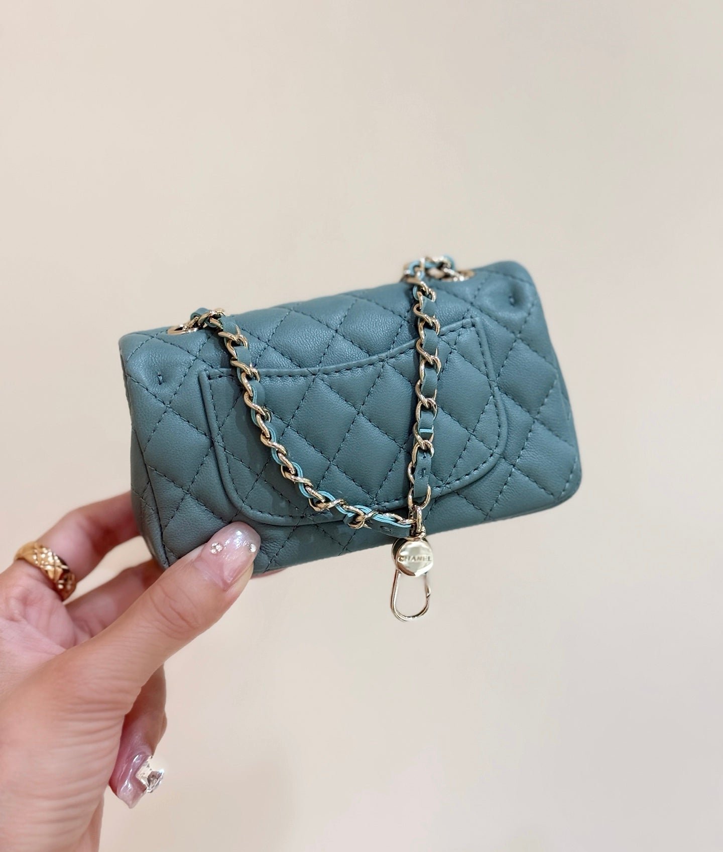 CHANEL 25S FLAP CHARM BAG 13 IN TEAL BLUE LAMBSKIN - Image 3
