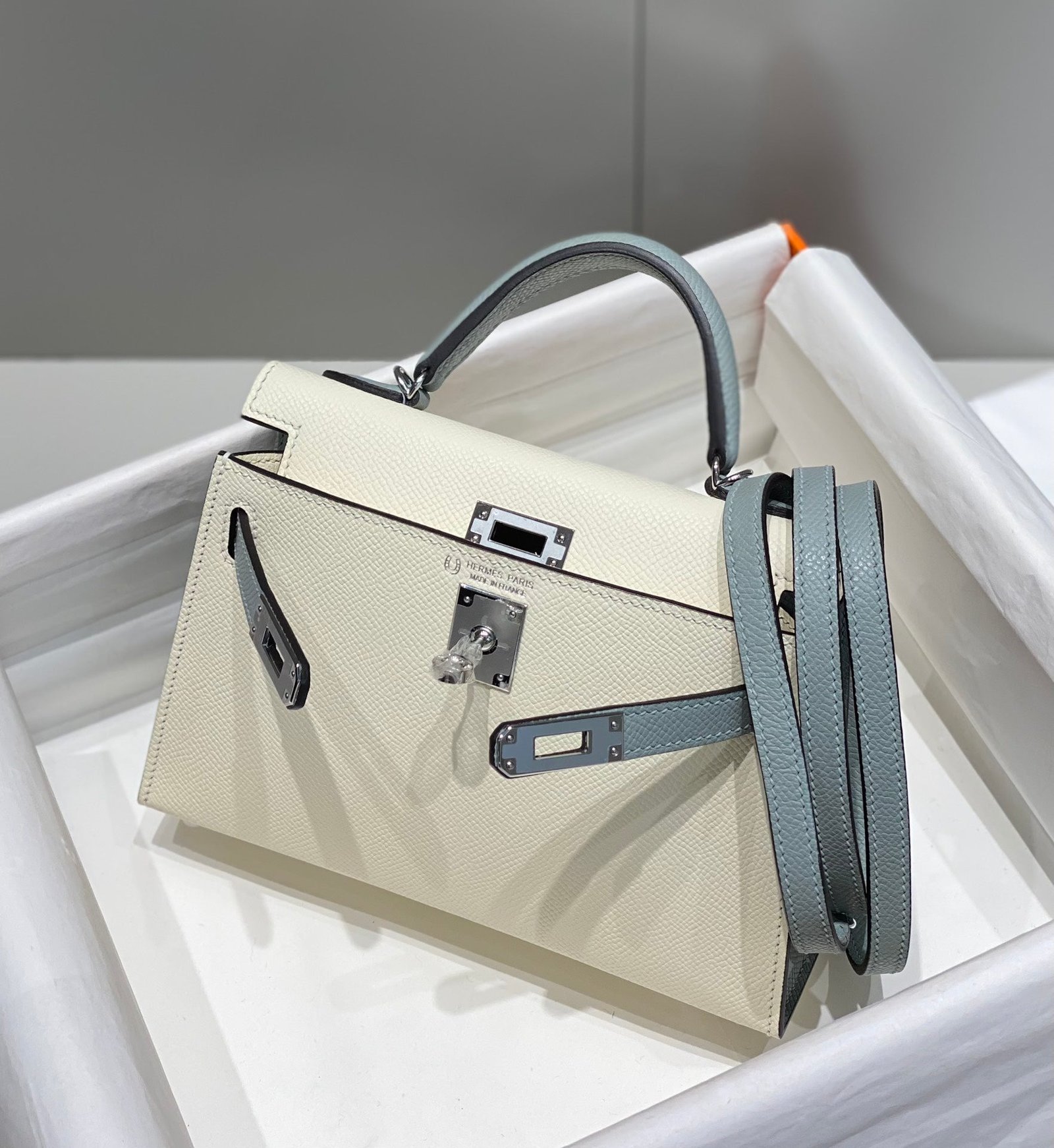 HM KELLY MINI 20 WHITE GLACIER GRAY EPSOM SILVER HARDWARE - Image 4