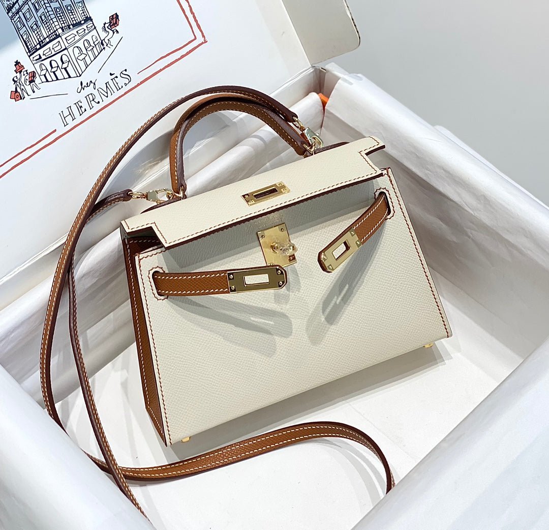 HM KELLY MINI 20 WHITE GOLDEN BROWN EPSOM GOLD HARDWARE - Image 4