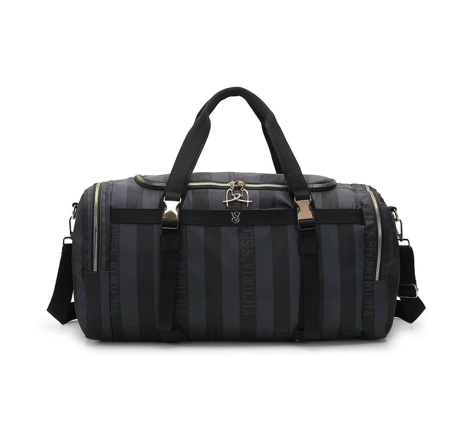 4e1ac014-0271-4058-a4c5-8941fb99f296 Victoria's Secret Black Logo Jacquard Stripe Weekender Duffle Bag. - Image 1