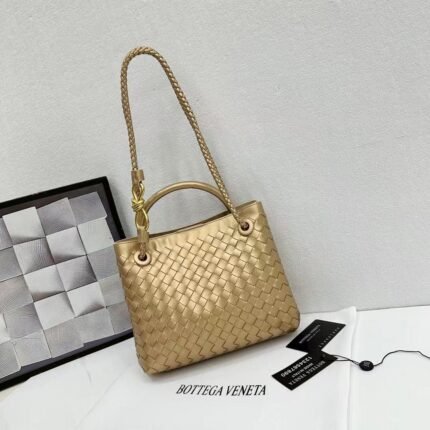 Bottega Veneta 9900-2 Top Handle Bag – Metallic Gold, 25 cm