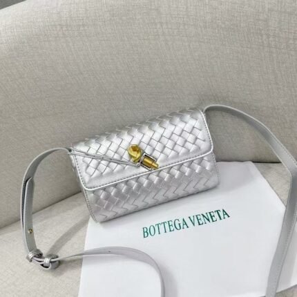 Bottega Veneta 9907 Crossbody Bag – Metallic Silver, 22 cm