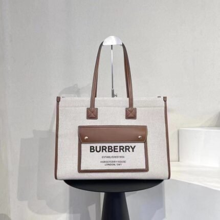 Burberry 718 Tote Bag – Beige with Brown Trim, 41 cm
