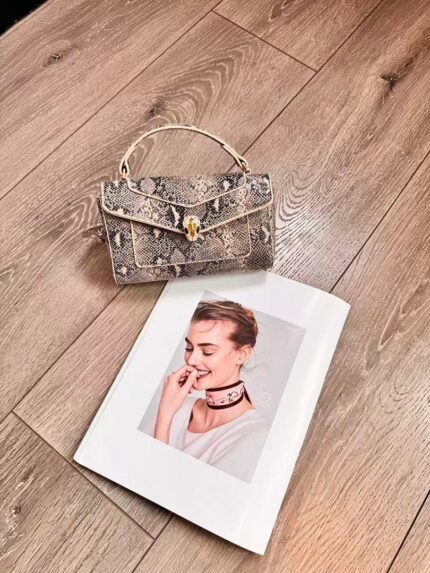 Bvlgari 5061 Top Handle Bag – Beige and Brown Snakeskin Print, 19 cm